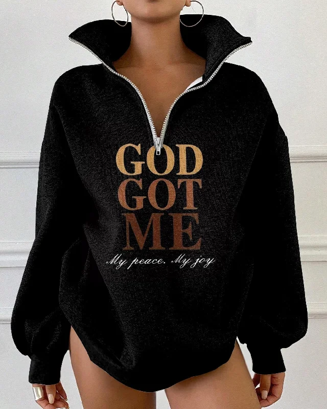 God Got Me Zipper Stand Collar Loose Fleece Sweatshirt