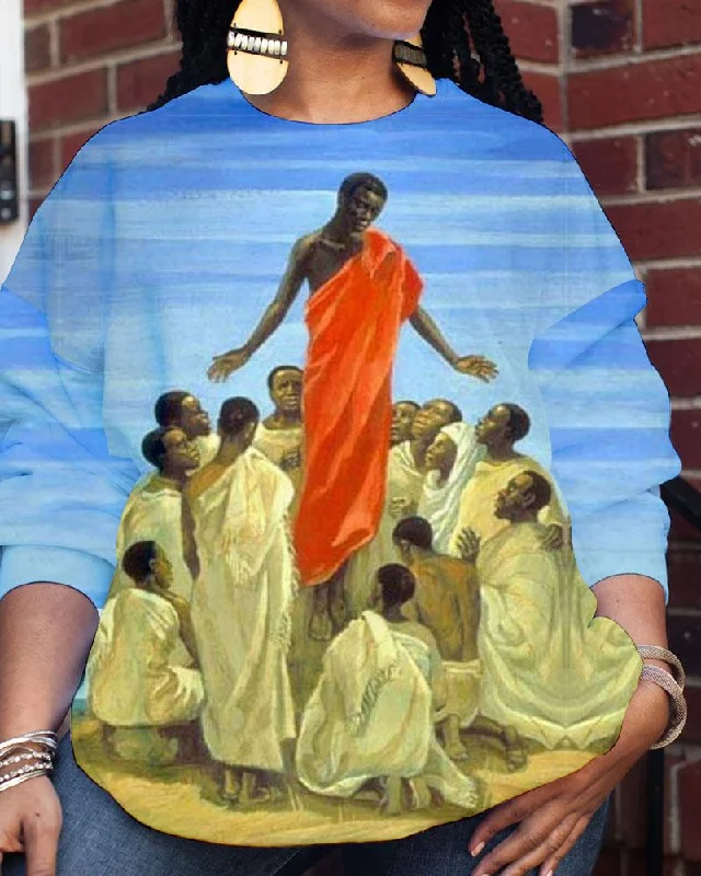 Lady Christian Black Jesus In Missionary Illustration Printed Crewneck Sweatshirts