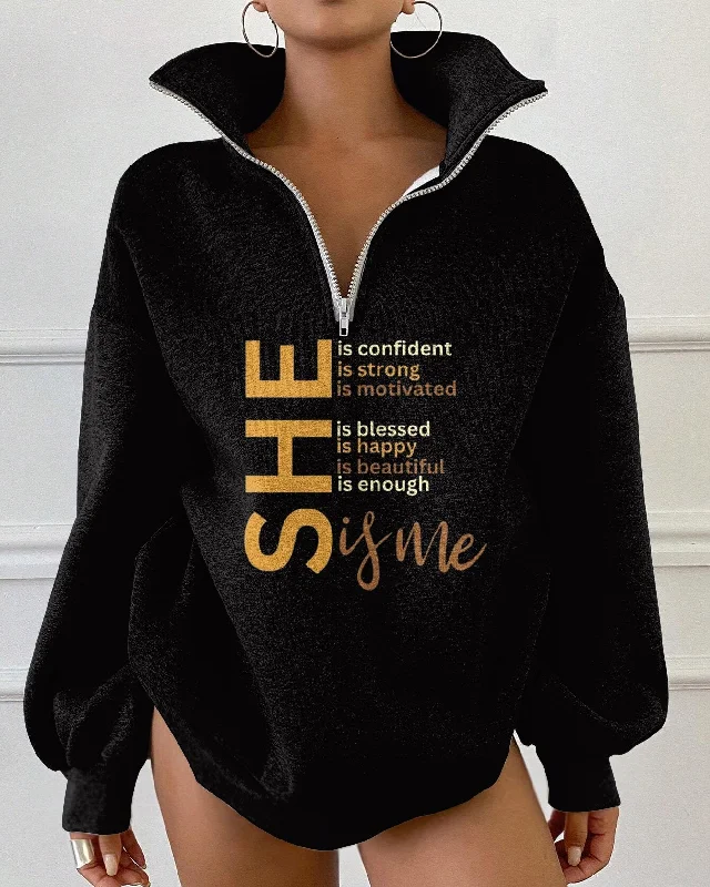 She Is Me Zipper Stand Collar Loose Fleece Sweatshirt