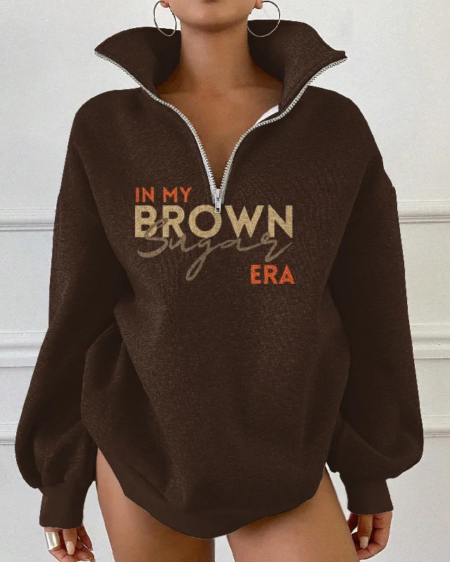 In My Era Brown Sugar Zipper Stand Collar Loose Fleece Sweatshirt