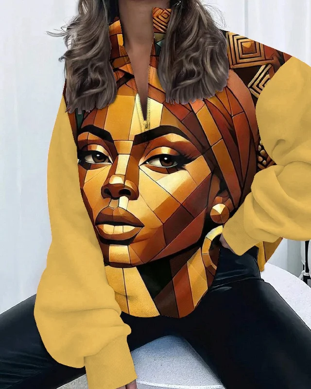 African Queen Art Zipper Stand Collar Loose Fleece Sweatshirt