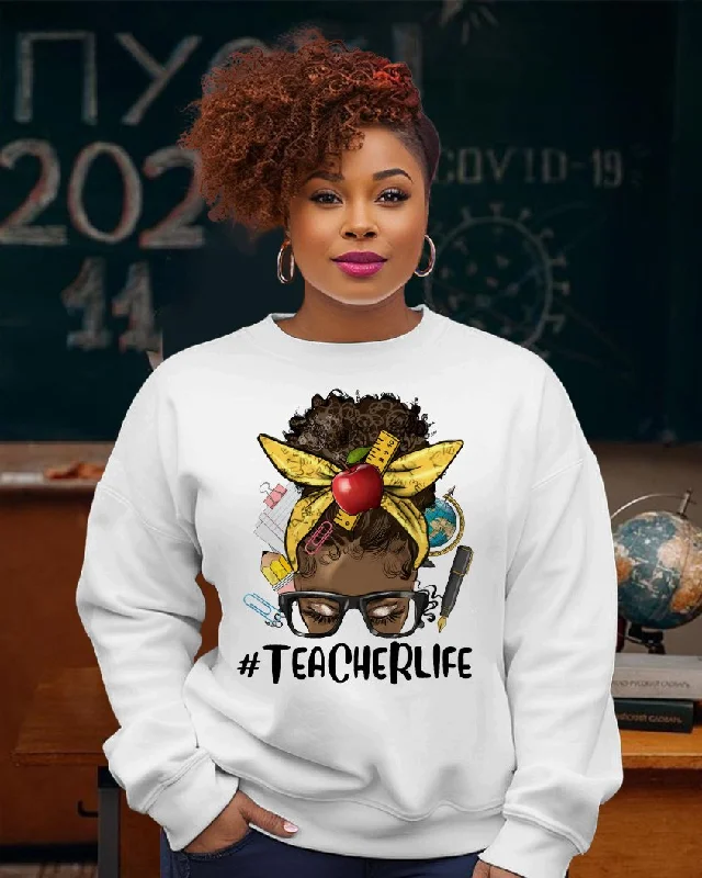 Afro Messy Bun Teacher Life Crewneck Sweatshirt