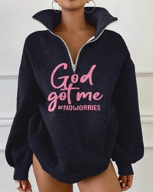 God Got Me #NoWorries Zipper Stand Collar Loose Fleece Sweatshirt