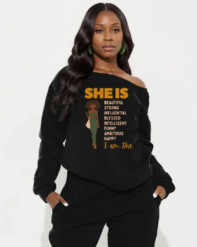 She Is Long-Sleeved Off-Shoulder Sweatshirt