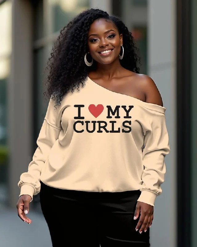 I Love My Curls Long-Sleeved Off-Shoulder Sweatshirt