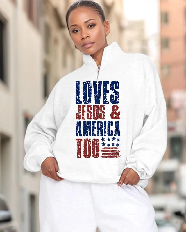 Loves Jesus And America Too High Collar Zipper Long Sleeve Casual Sweatshirt