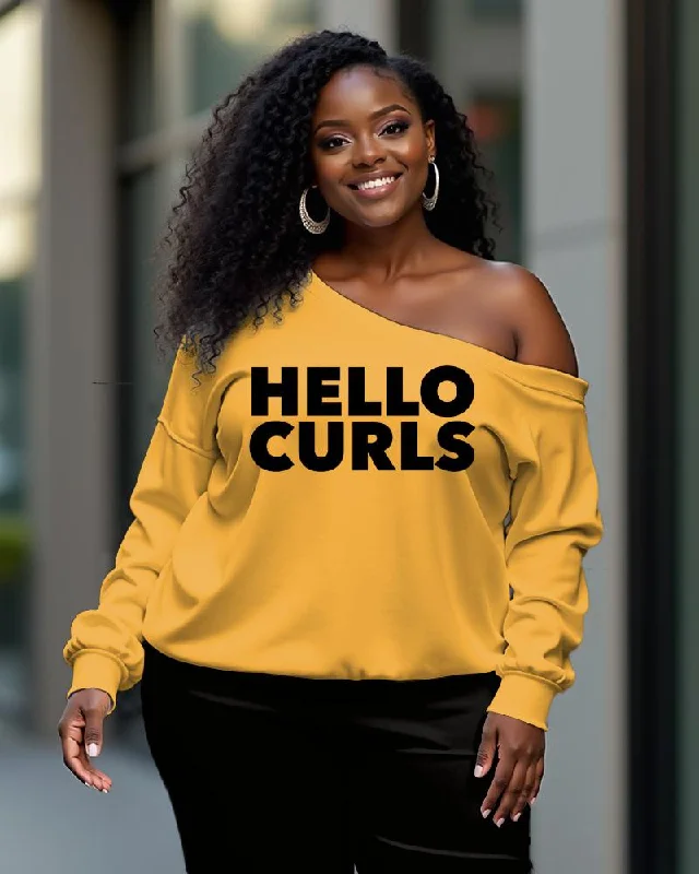 Hello Curls Long-Sleeved Off-Shoulder Sweatshirt