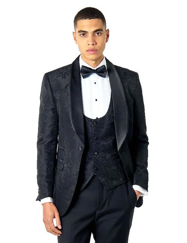 HENRY – BLACK TUXEDO SUIT JACKET DAMASK FLOCKED JACQUARD PRINTED