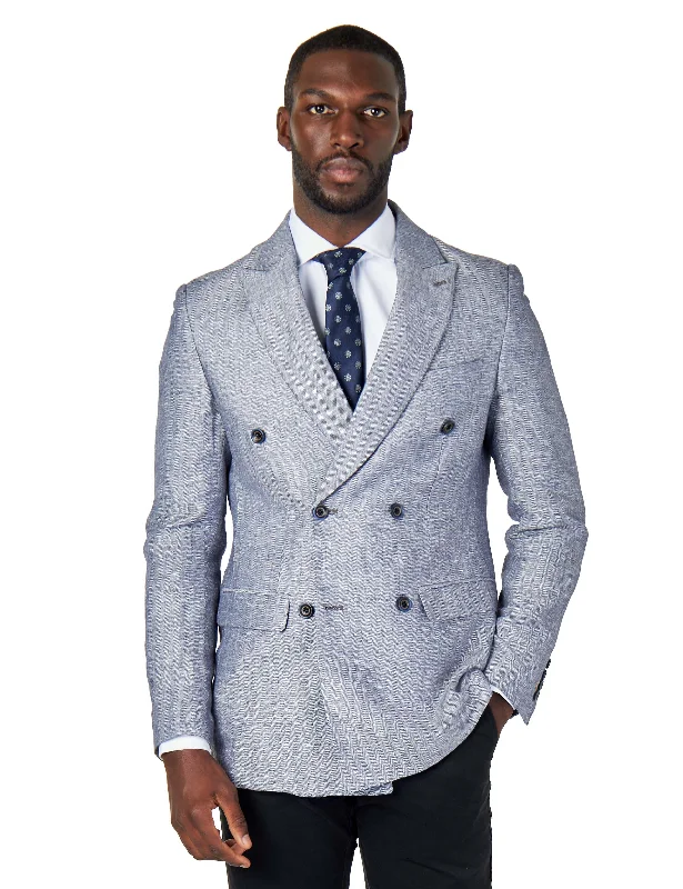 RAY - TAILORED FIT GREY BLUE HERRINGBONE LINEN DOUBLE BREASTED JACKET