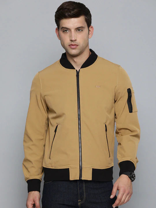 Men's Solid Band Neck Bomber Jacket