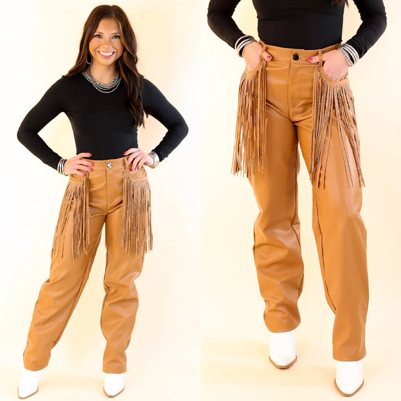 Ready Up Crystal Fringe Faux Leather Pants in Camel Brown