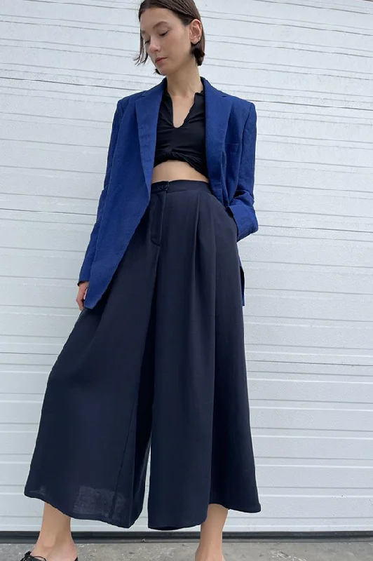 Wide Leg Linen Pants in Navy