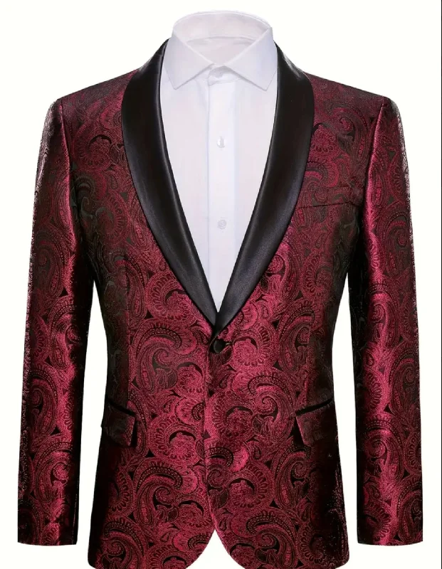 Simon Von  Stylish Paisley Print One Button Blazer - Dark Red -GH191446