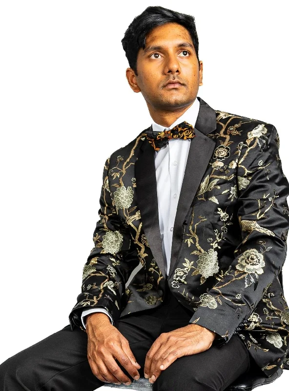 Simon Von Men's Black Gold Floral Suit Jacket Slim One Button Stylish Blazer-XX0014