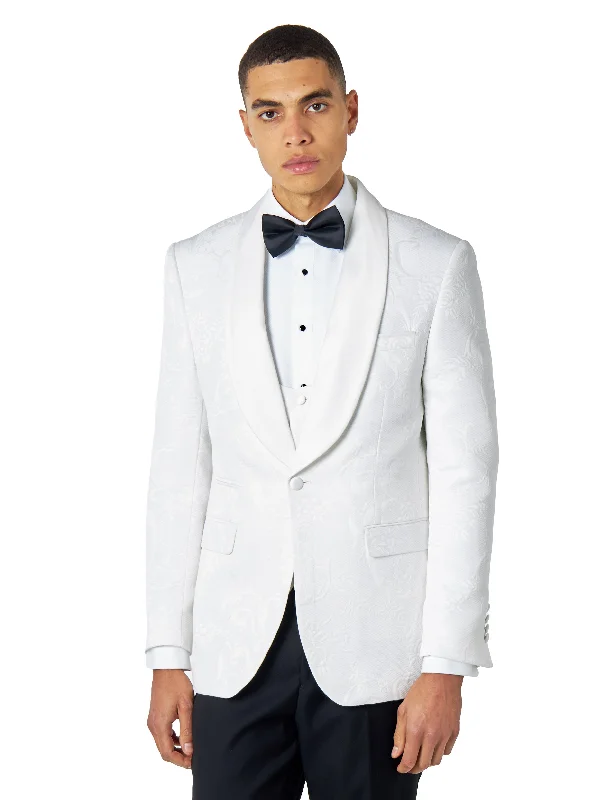 HENRY – WHITE TUXEDO SUIT JACKET DAMASK FLOCKED JACQUARD PRINTED