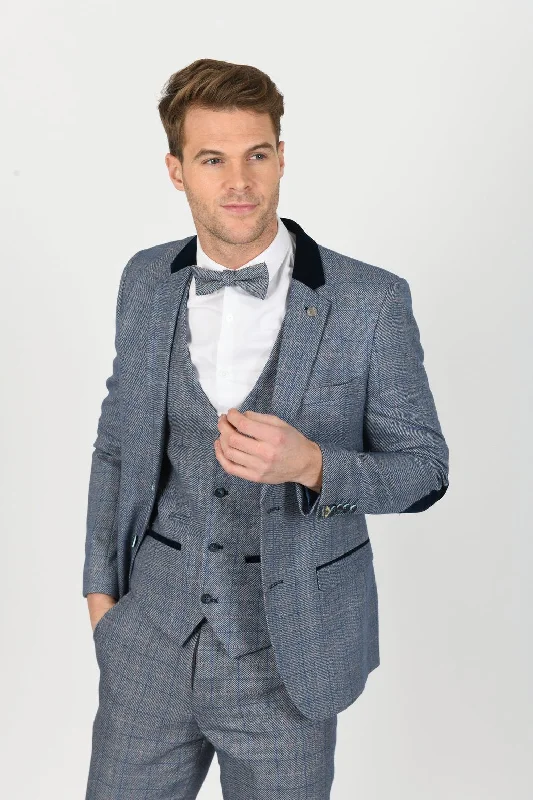 Hilton Blue Velvet Trim Tweed Check Blazer | Wedding Wear | Office Suit | Check Blazer