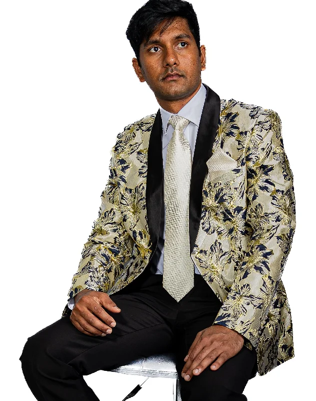 Black Gold Floral Suit Jacket Slim One Button Stylish Blazer-XX-0033