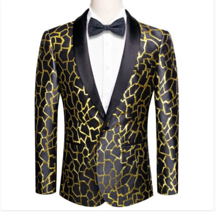 Simon Von Men's  Gold Black Paisley Jacquard Blazer Elegant Banquet Wedding Jacket-XX-1011