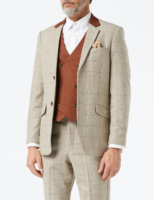 THEO - TWEED HERRINGBONE RED CHECK ON BEIGE JACKET & WAISTCOAT