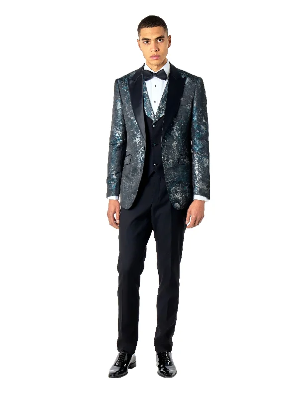 ALINO – MENS TUXEDO DINNER JACKET IN GREEN SILVER PRINTED