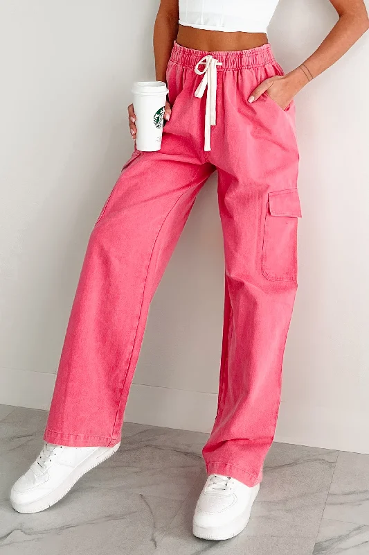 Johnny Washed Drawstring Waist Cargo Pants (Pink)