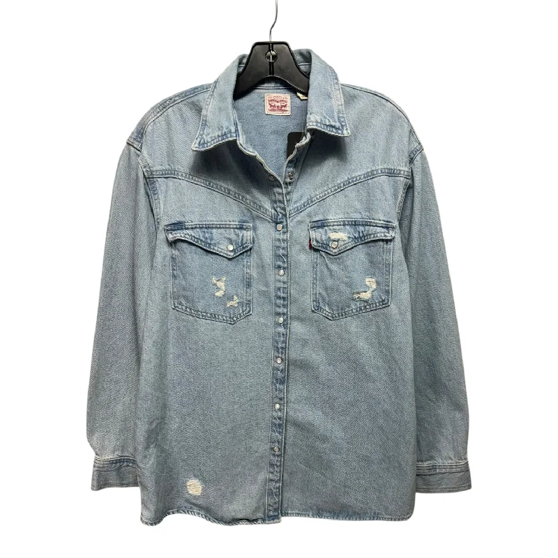 Distressed Pearl Snap Jacket Shirt By Levis In Blue Denim, Size: Xs