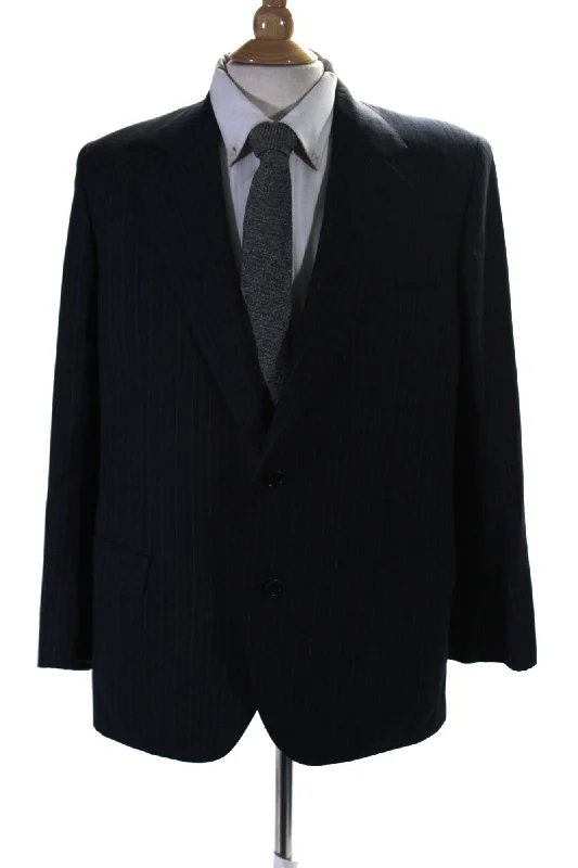 Brioni Mens Pinstriped Two Button Blazer Jacket Navy Blue Wool