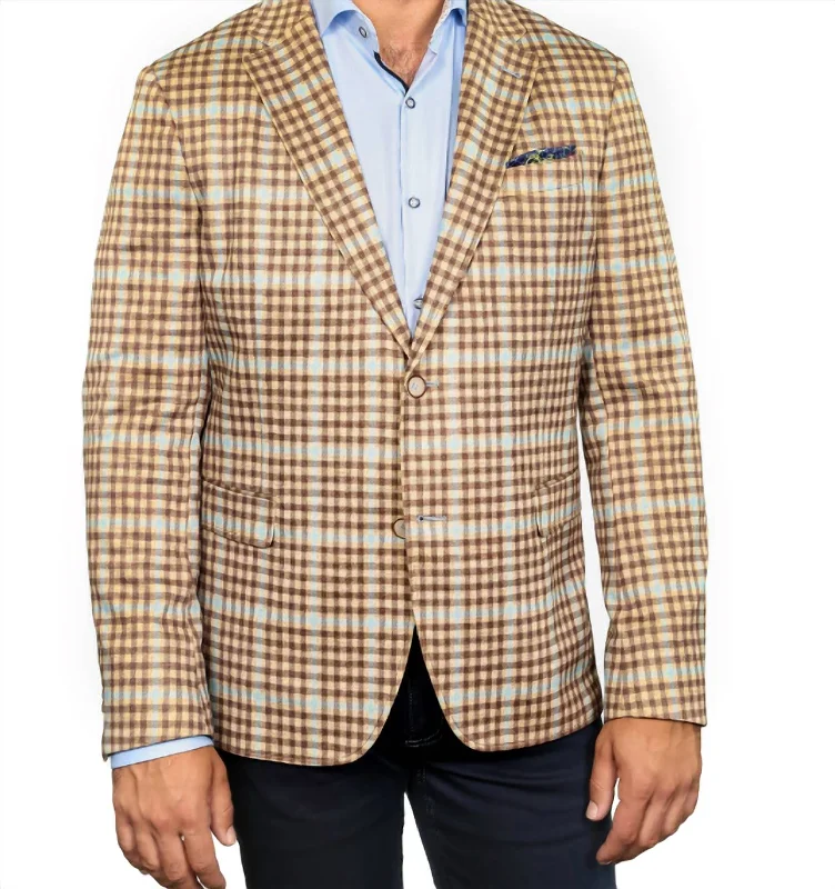 Colton Plaid Stretch Blazer In Tan With Blue