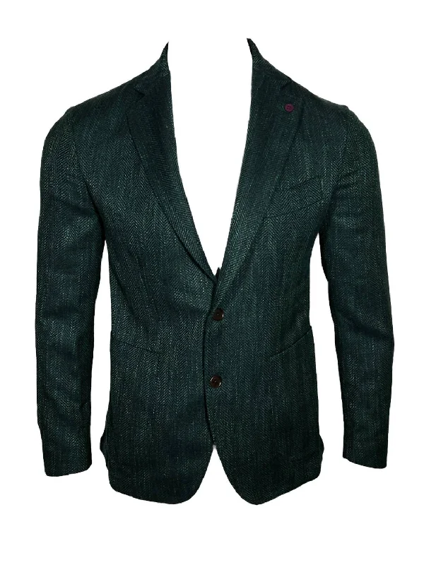 Men Sport Coat In Green Herringbone